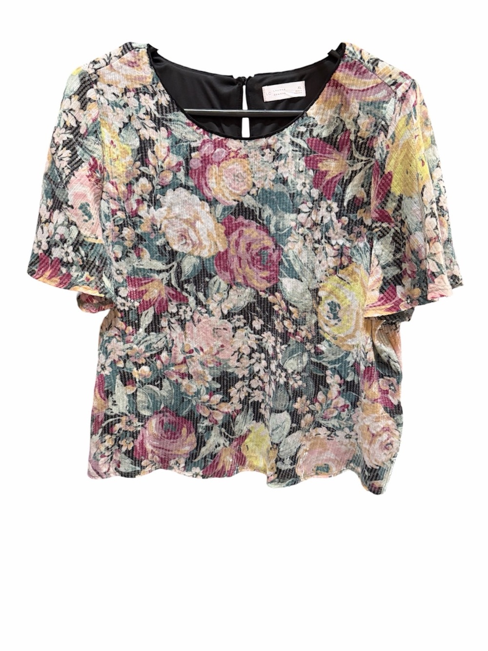 LC Lauren Conrad Floral Textured Short Sleeve Top - Pink, Yellow, Green - Picture 2 of 6